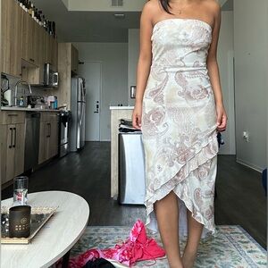 Vintage Strapless Cream and Brown Dress